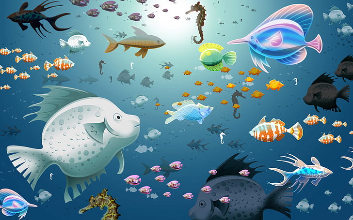 Undervattensillustration, djur, fisk, färgglad tapet, HD tapet
