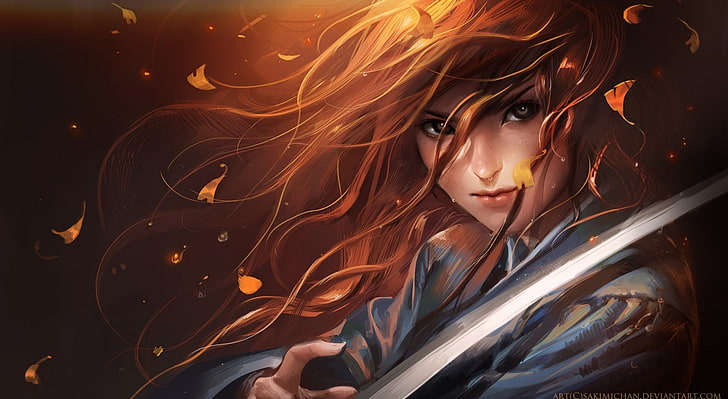 Samouraï aux cheveux rouges, personnage féminin aux cheveux bruns tenant l'épée, artistique, fantaisie, art, numérique, art cg, illustrations, samouraï, rouge, cheveux, aux cheveux rouges, épée, Fond d'écran HD