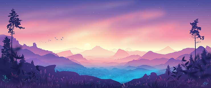 Луи Койл, искусство фэнтези, цифровое искусство, ультраширокий, градиент, пейзаж, горы, восход солнца, иллюстрация, птицы, растения, деревья, облака, HD обои HD wallpaper