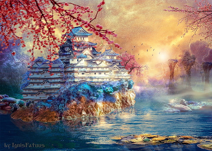 イグニス・ファトゥースによる水域の絵画、城、池、水、木、空、レタッチ、秋、アジア建築の近くの白と灰色の寺院、 HDデスクトップの壁紙