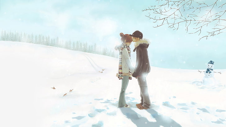 winter snow kissing couple anime bokura ga ita yuuki obata 1920x1080  Nature Winter HD Art , Winter, snow, HD wallpaper