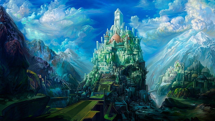 grafika koncepcyjna, grafika, zamek, fantasy, starożytny Babilon, fantastyczne miasto, niebo, góry, Tapety HD