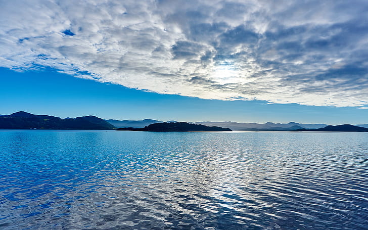 meer, berge hintergründe, himmel, wolken, download 3840x2400 meer, HD-Hintergrundbild