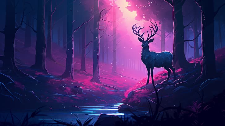 night, purple, deer, forest, river, warm colors, pink, landscape, HD wallpaper