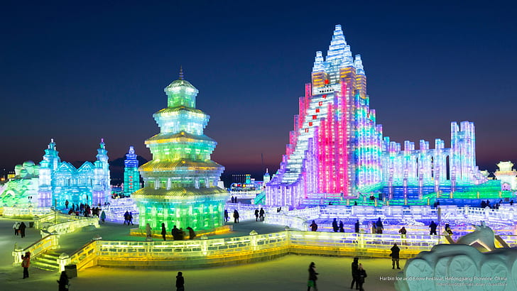 Харбинский фестиваль льда и снега, провинция Хэйлунцзян, Китай, зима, HD обои