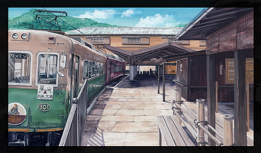 цифровое искусство, произведения искусства, город, город, железная дорога, поезд, вокзал, HD обои HD wallpaper