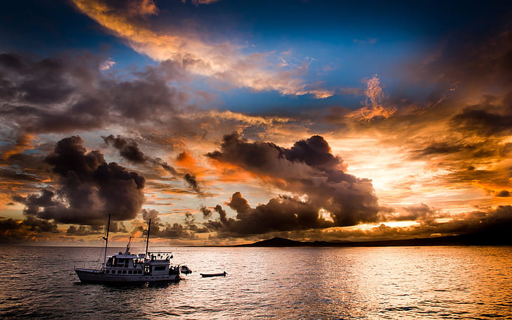 Evening, sea, coast, sunset, boat, clouds, Evening, Sea, Coast, Sunset, Boat, Clouds, HD wallpaper