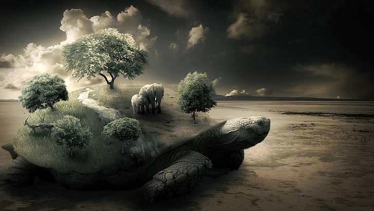 turtle, creation, fantasy art, surreal, concept, photoshop, dreamy, elephants, sky, tree, landscape, cloud, HD wallpaper