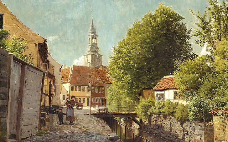 1880, Danish painter, Peter Merk Of Menstad, Peder Mørk Mønsted, Danish realist painter, oil on canvas, Summer day in Aalborg ( Denmark ), A Summer's Day in Aalborg ( Denmark ), HD wallpaper