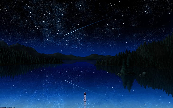 Montañas paisajes árboles horizonte noche estrellas más oscuras que lagos  negros reflexiones chicas anime 25 Naturaleza Montañas HD Art, Fondo de  pantalla HD | Wallpaperbetter