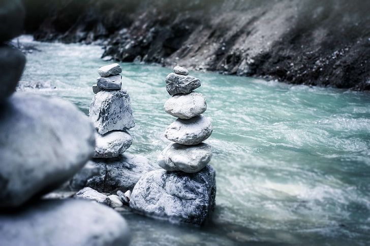 cairn, nature, river, rock balancing, stones, water, HD wallpaper
