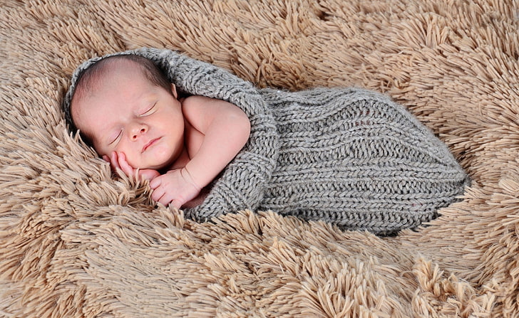 Новорожденный ребенок, серый вязаный одеяло ребенка, милый, ребенок, новорожденный, HD обои