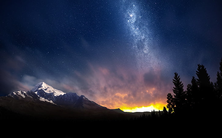 nature, landscape, Milky Way, starry night, mountains, trees, lights, snowy peak, long exposure, HD wallpaper