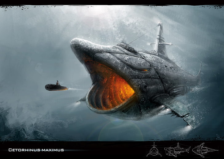 сива илюстрация на подводница, подводница, 2D работа, cetorhinus, HD тапет