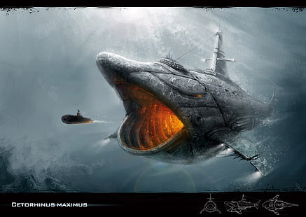 graue U-Boot-Illustration, U-Boot, 2D-Arbeit, Cetorhinus, HD-Hintergrundbild HD wallpaper