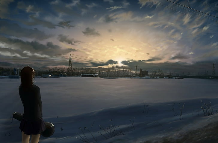 anime girls snow winter alone, HD wallpaper