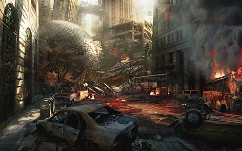 artwork apocalyptic destruction science fiction planes crash ruins city, HD wallpaper HD wallpaper