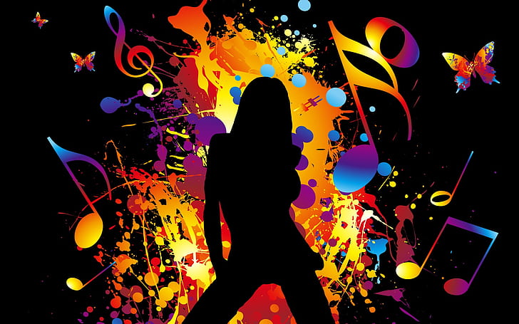 Färgrik dans för vektormusikflicka, kvinna med grafik för musiknoter, vektor, musik, flicka, HD tapet