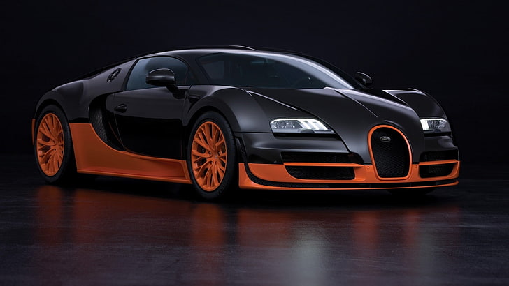 black and red coupe die-cast model, Bugatti Veyron Super Sport, car, orange, HD wallpaper