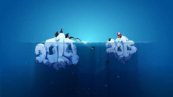 penguins jump over the water digital wallpaper, artwork, minimalism, numbers, santa, penguins, split view, HD wallpaper