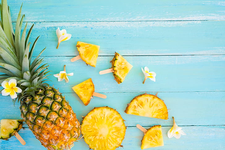 fruit, summer, pineapple, wood, slices, plumeria, slice, HD wallpaper