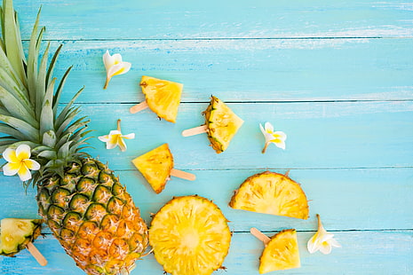 fruit, été, ananas, bois, tranches, plumeria, tranche, Fond d'écran HD HD wallpaper
