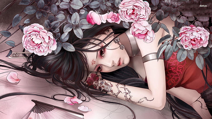 Liebe, Rosen, Frau, Blumen, rot, Schönheit, Anime, HD-Hintergrundbild
