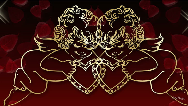 Gold Cupids, lovers, cherubs, black, gold cupids, love, valentines day, hearts, 3d and abstract, HD wallpaper