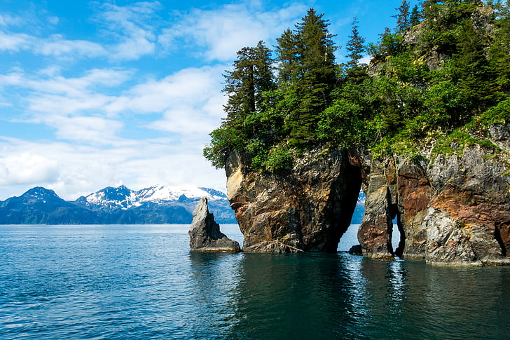 yeşil yapraklı ağaçlar, ağaçlar, dağlar, taşlar, kayalar, kıyı, Alaska, ABD, fiyortları, Kenai Fjords Ulusal Parkı, Kenai Fjords, HD masaüstü duvar kağıdı