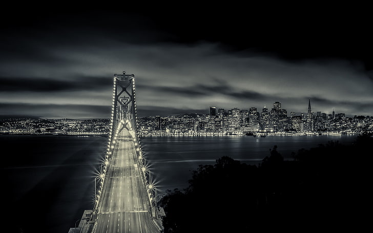 San Francisco Bay Bridge Night, suspension bridge, Cityscapes, San Francisco, black, cityscape, night, bridge, HD wallpaper