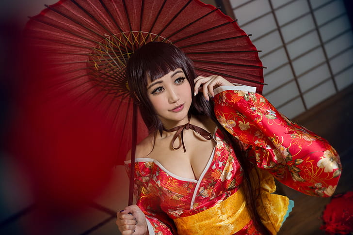 chest, look, girl, yellow, red, face, pose, eyelashes, style, background, portrait, blur, umbrella, hands, makeup, dress, brunette, hairstyle, costume, outfit, belt, neckline, image, kimono, Asian, shoulders, bow, cutie, the room, cosplay, bangs, long-haired, HD wallpaper