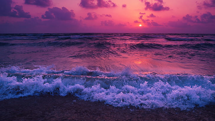 Земля, Закат, Океан, Фиолетовый, Морской пейзаж, HD обои