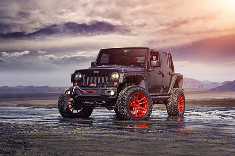 Jeep Wrangler negro, rojo, frontal, forjado, personalizado, Wrangler, Jeep, ruedas, pista, ADV1, función, Fondo de pantalla HD HD wallpaper