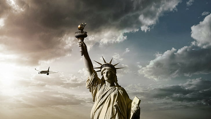 statue of liberty clouds airplane statue, HD wallpaper
