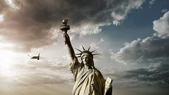 statue of liberty clouds airplane statue, HD wallpaper HD wallpaper