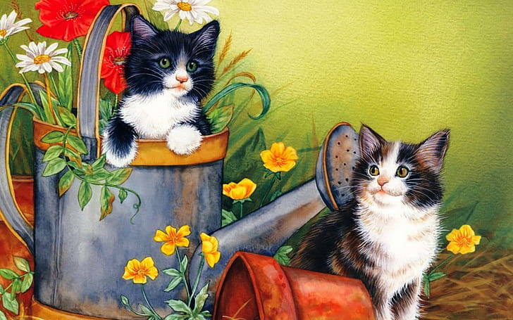 Kittens Playing, two kittens near watering can painting, nice, playing, garden, kittens, 3d and abstract, HD wallpaper