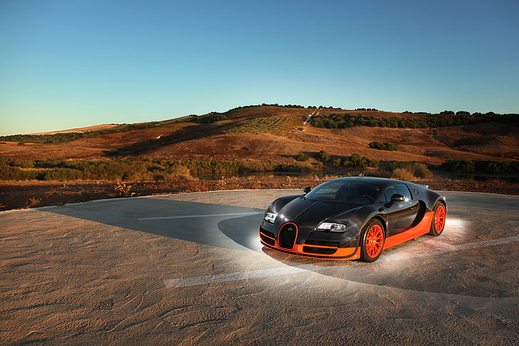 black and orange sports car, tuning, Shine, supercar, Bugatti Veyron, Super Sport, 16.4, HD wallpaper