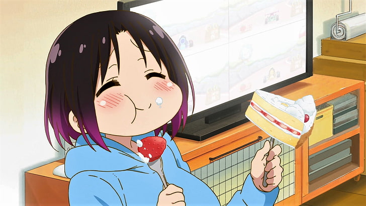 kobayashi-san chi no maid dragon, elma, linda, comiendo, cara feliz, Anime, Fondo de pantalla HD