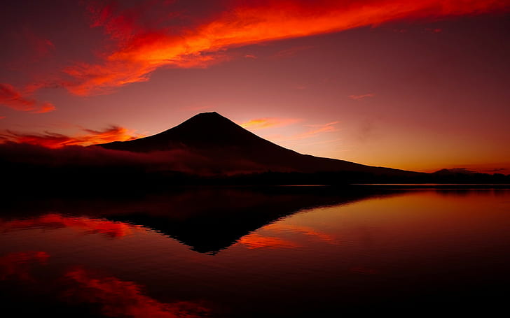 Mount Fuji, vulkan, Japan, berg, sjö, reflektion, landskap, fotografi, moln, himmel, rött, HD tapet