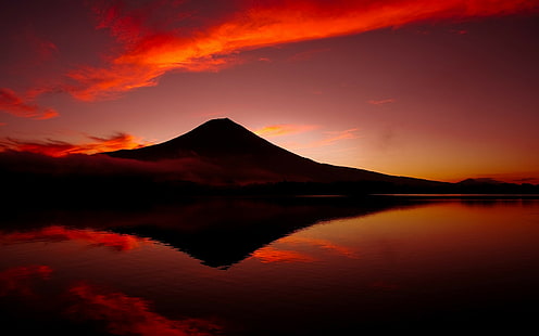 Гора Фудзи, вулкан, Япония, горы, озеро, отражение, пейзаж, фотография, облака, небо, красный, HD обои HD wallpaper