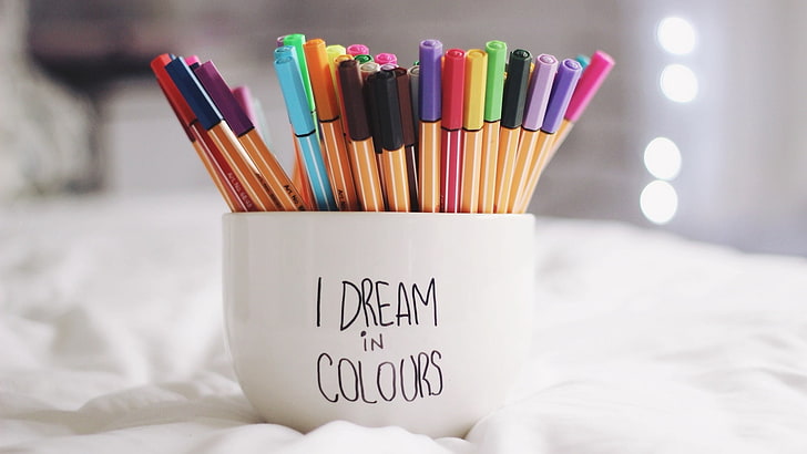assorted-color pens, pen, cup, dreams, colorful, HD wallpaper