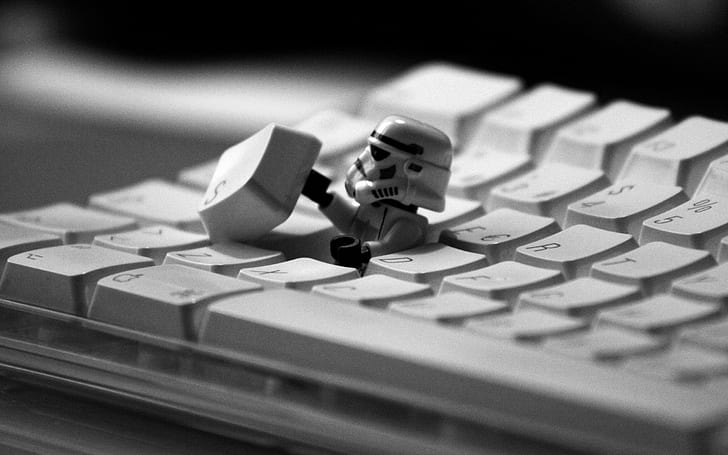Star Wars, stormtrooper, LEGO, keyboards, monochrome, humor, HD wallpaper