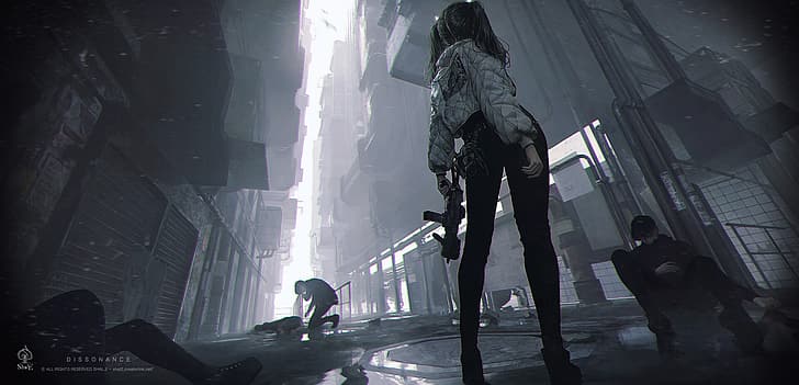 Shal. E, drawing, women, pigtails, alleyway, weapon, submachine gun, low-angle, jacket, HD wallpaper