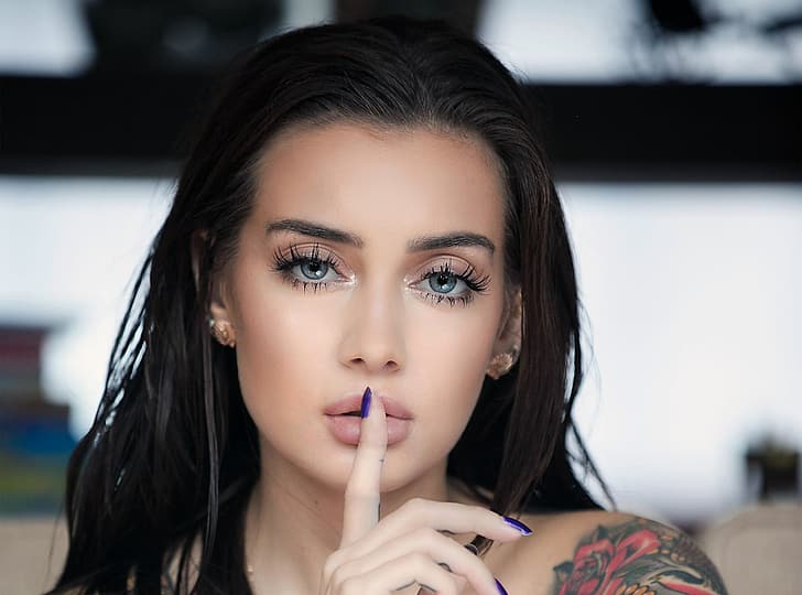 Girl, long hair, photo, blue eyes, model, tattoo, lips, face, brunette, portrait, mouth, close up, looking at camera, depth of field, finger on lips, straight hair, bare shoulders, looking at viewer, HD wallpaper