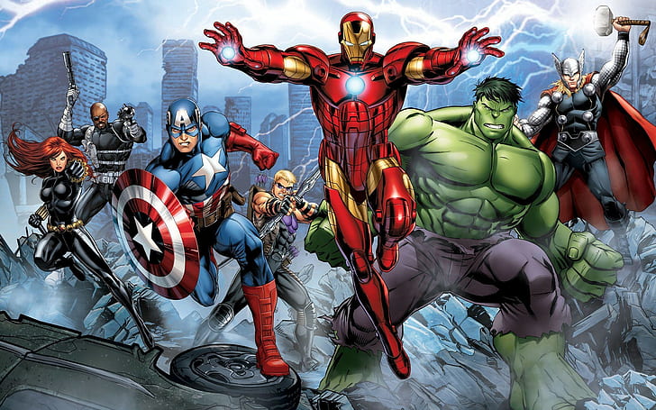 The Avengers Iron Man Hulk Hawkeye Thor Captain America Nick Fury Black Widow Lightning Marvel Comics, HD tapet