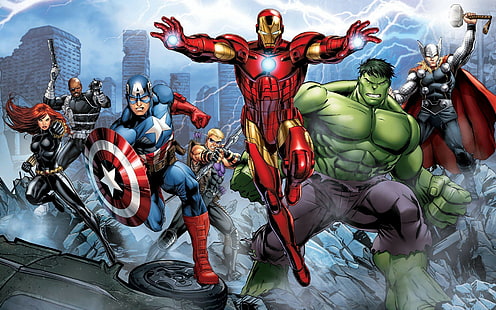 The Avengers Iron Man Hulk Hawkeye Thor Captain America Nick Fury Black Widow Lightning Marvel Comics, Tapety HD HD wallpaper