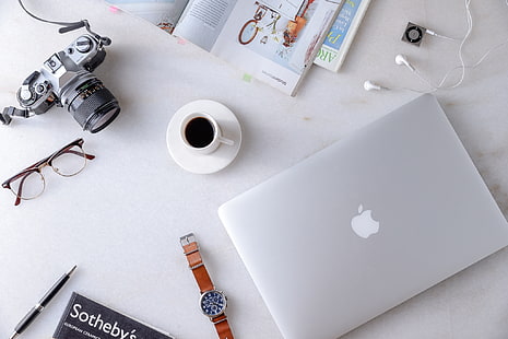 белый, часы, кофе, очки, плеер, фотоаппарат, книга, ноутбук, HD обои HD wallpaper