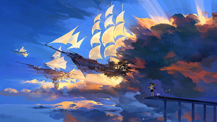 navire galion dans le ciel papier peint, paysage, ciel, nuages, anime, oeuvre, Fond d'écran HD
