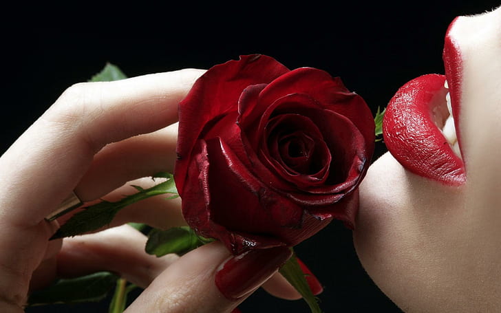 Red Rose & Red Lips, lips, rose, flowers, HD wallpaper