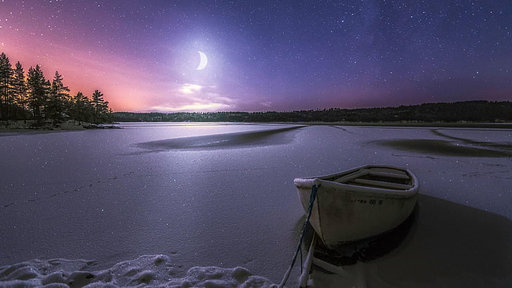 horizont, schneebedeckt, gefroren, nachthimmel, sternenklare nacht, mondschein, abend, querformat, schnee, weltnaturerbe, winter, nacht, boot, HD-Hintergrundbild
